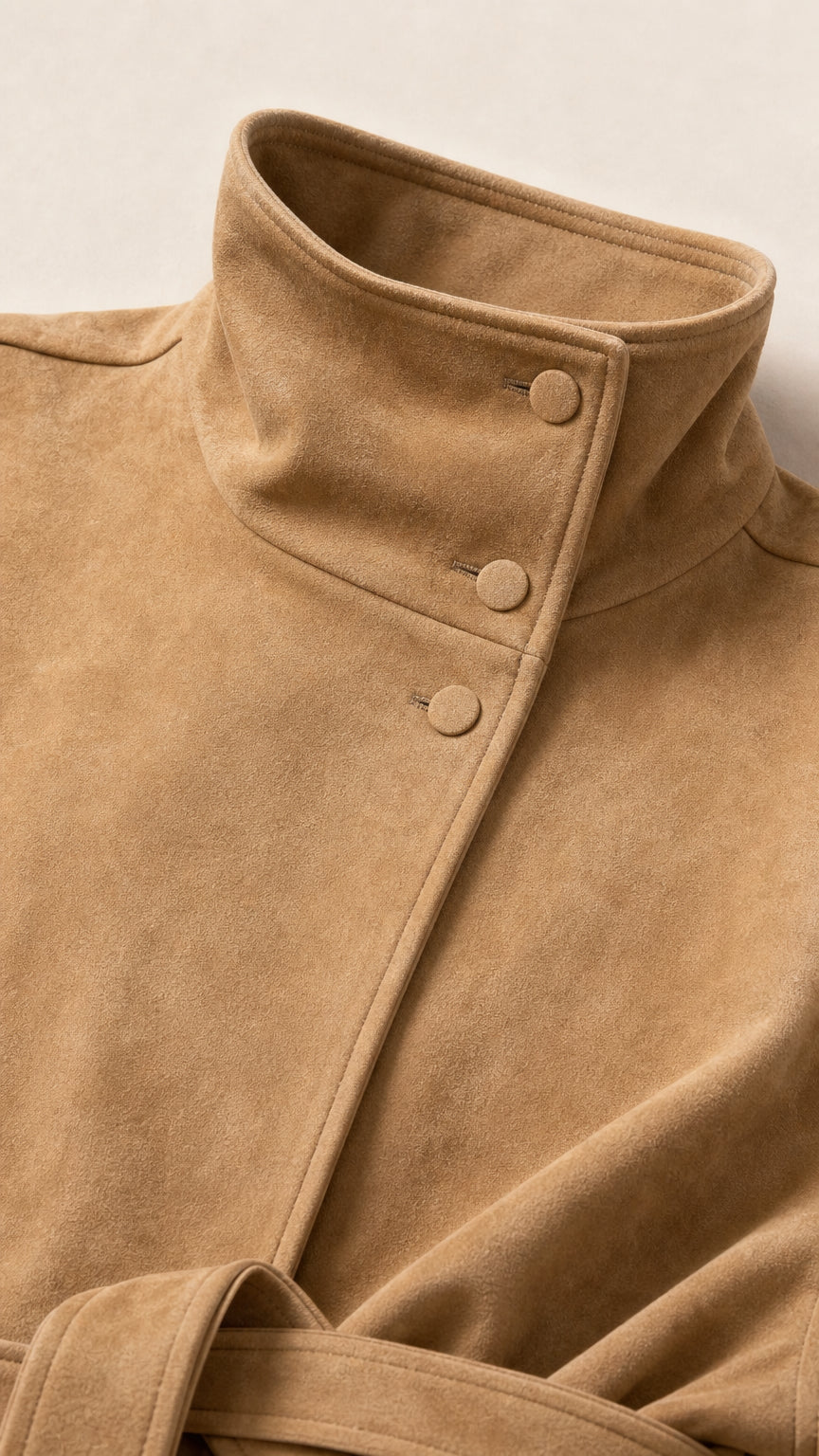 High Neck Belted Faux Suede Jacket with Tie Waist