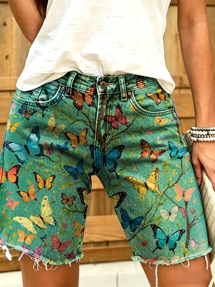 Women's Butterfly Print Denim Shorts