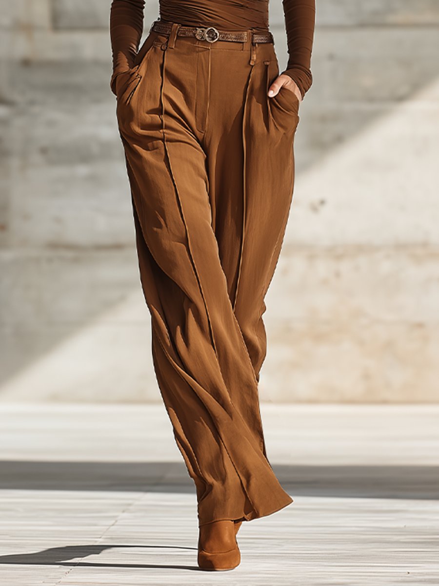 Women's Chocolate Brown Co-Ord Set With Diagonal Neckline Draped Slim Blouse & High Waist Pleated Wide Leg Pants, Minimalist Elegant Two Piece Outfit (without Belt) MDZ2499G2LYL