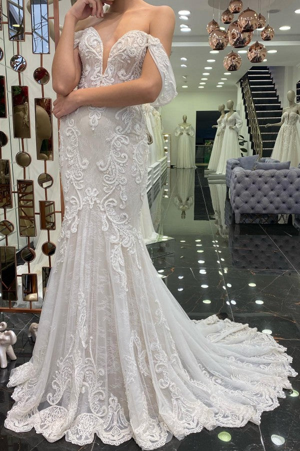 Daisda Gorgeous Long Mermaid Off-the-shoulder Wedding Dress With Tulle Lace