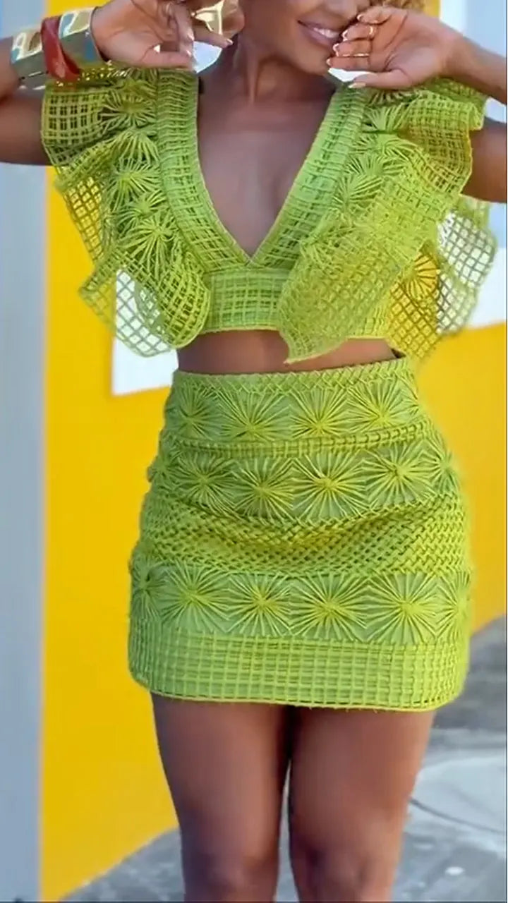 Women Deep V-neck Splicing Hollow Solid Color Casual Set