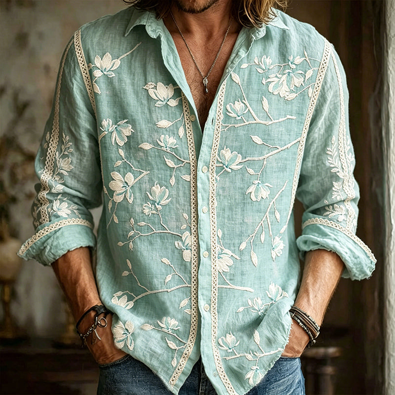 Vintage Romantic Spring Floral Art Embroidered Cotton Linen Long Sleeve  Shirt