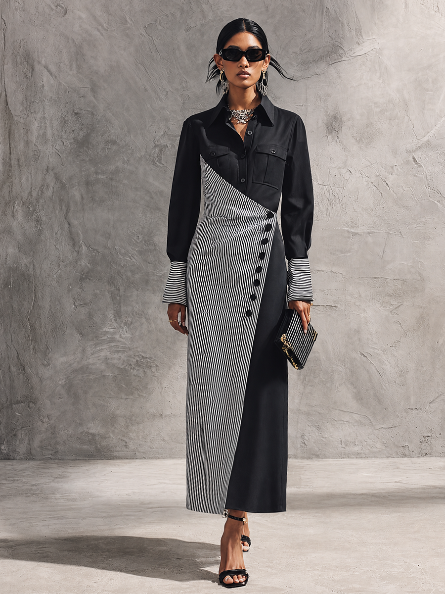 Women's Elegant Black Cotton Blend Color-Block Pinstripe Wrap Button Maxi Dress MDZ1729G8GMJ