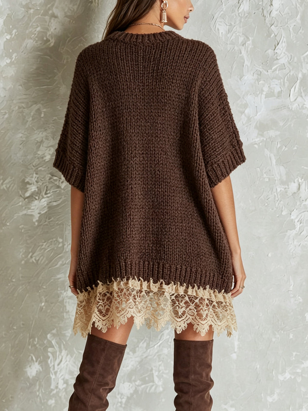Brown Oversized Lace Hem Knit Mini Dress