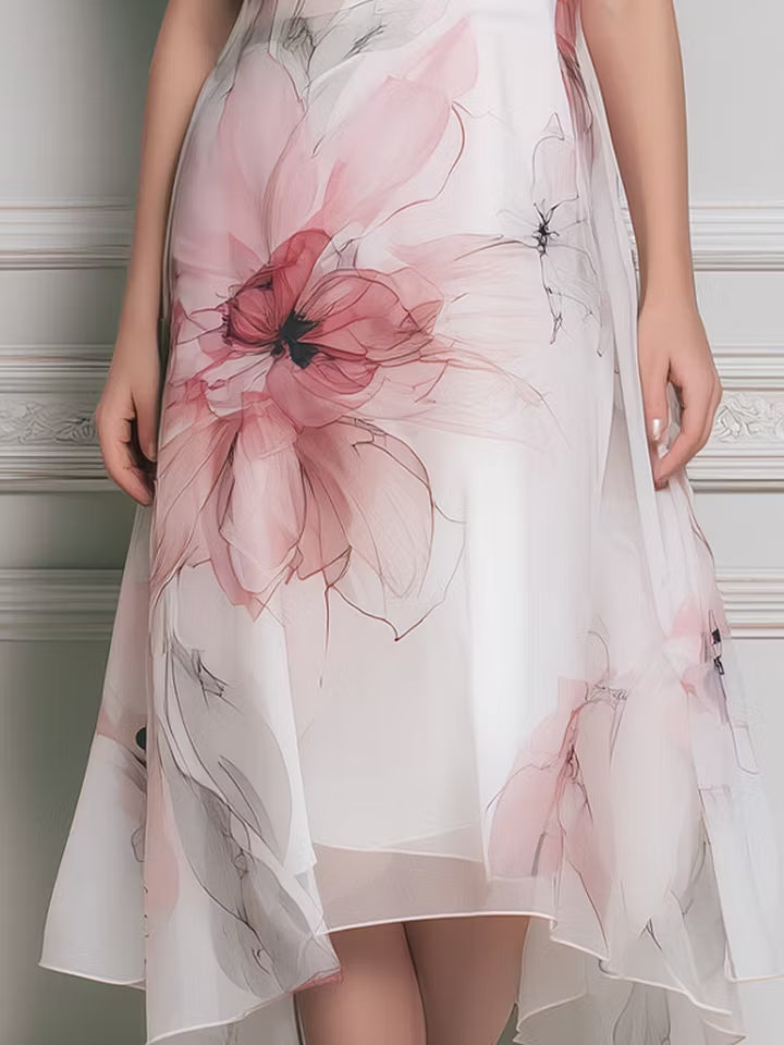 Elegant Pink Floral Cowl-Neck Sleeveless Midi Dress