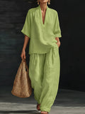 Momocco Coastal Chic 2-Piece Set - V-Neck Linen-Textured Tunic & Wide-Leg Pants Lounge Set