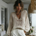 Women's Floral Embroidery Linen V-neck T-shirt