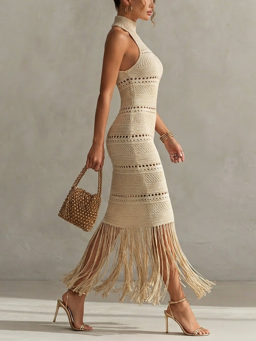 Elegant Cream Knit Sleeveless Fringe Hem Dress