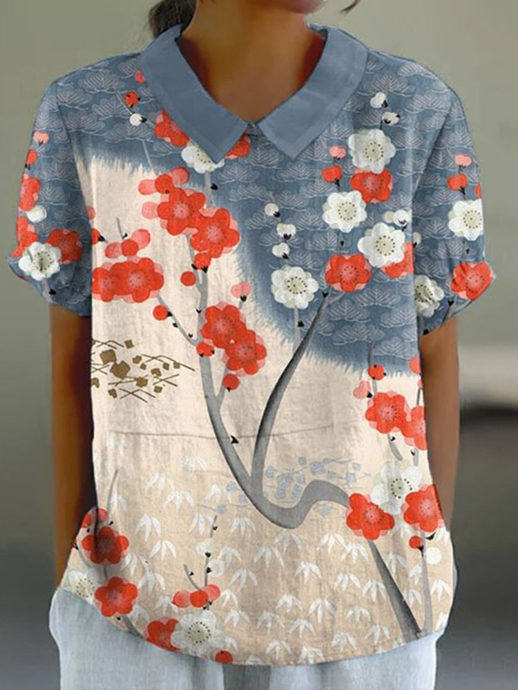 Japanese Art Flower Print Casual Blouse