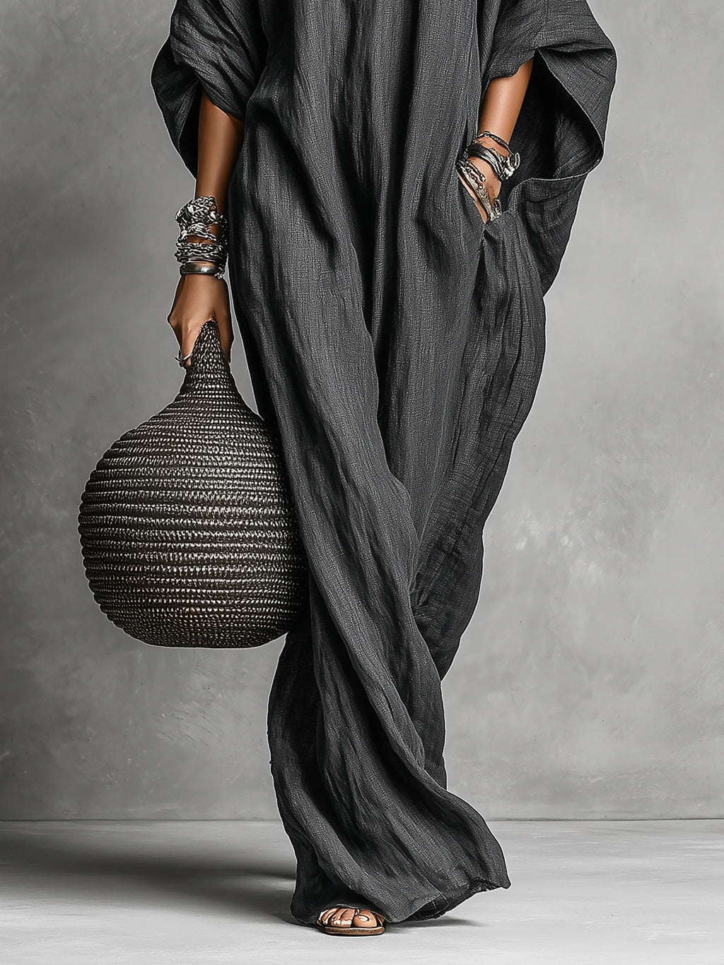 Women's Loose Cotton And Linen Batwing Sleeve Maxi Dress