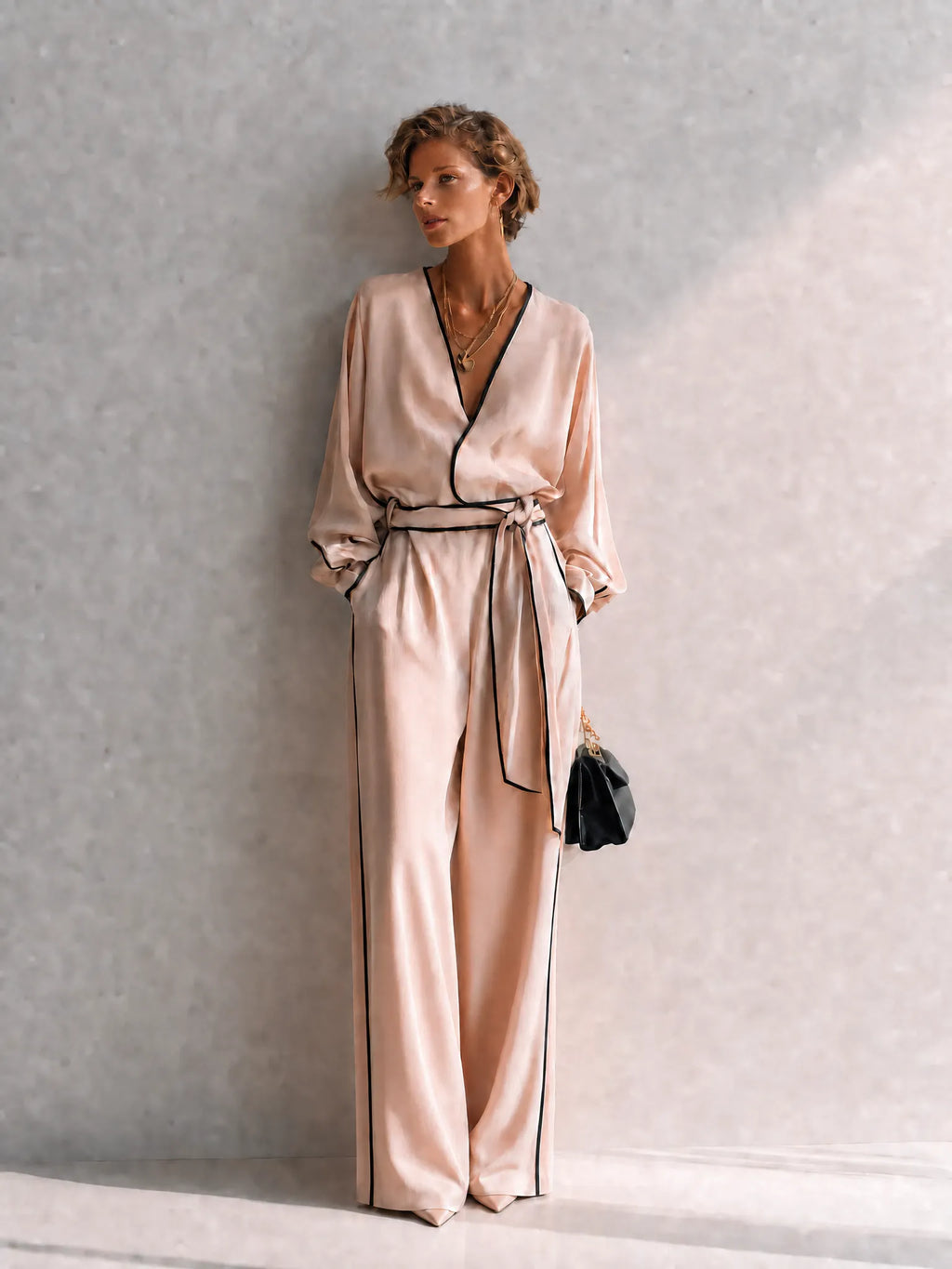 Women's Luxe Pink Black-Trim Cross V-Neck Belted Wide-Leg Satin Set MDZ1005G4CMX