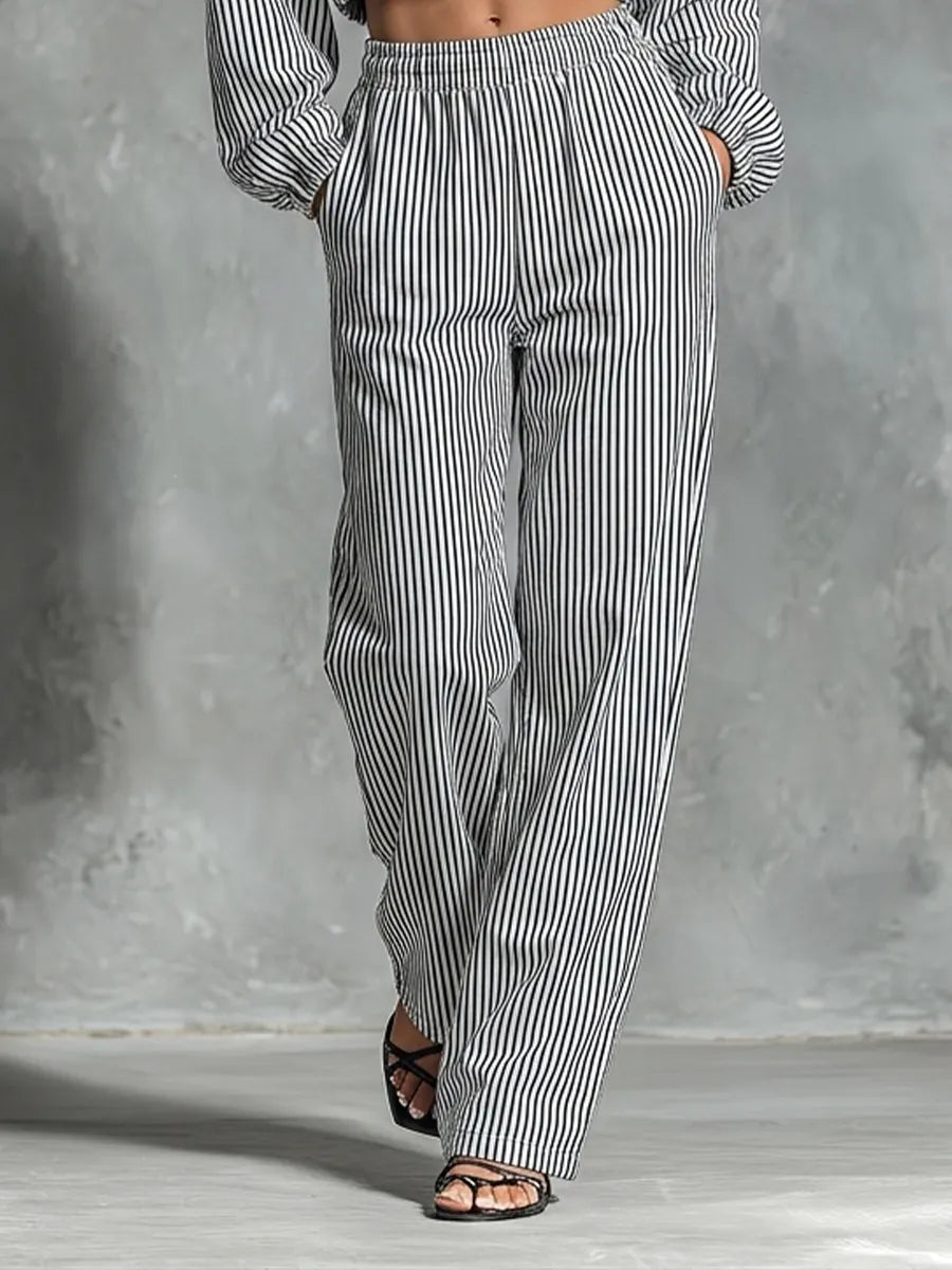 Women’s Black White Vertical Stripe Stand Collar Full Zip Cropped Jacket & Elastic High Waist Wide Leg Pocket Pants Two Piece Tracksuit Set MDZ0287G4T