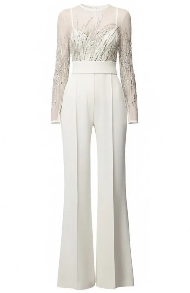 Long Sleeve Sequin Mesh Jumpsuit White