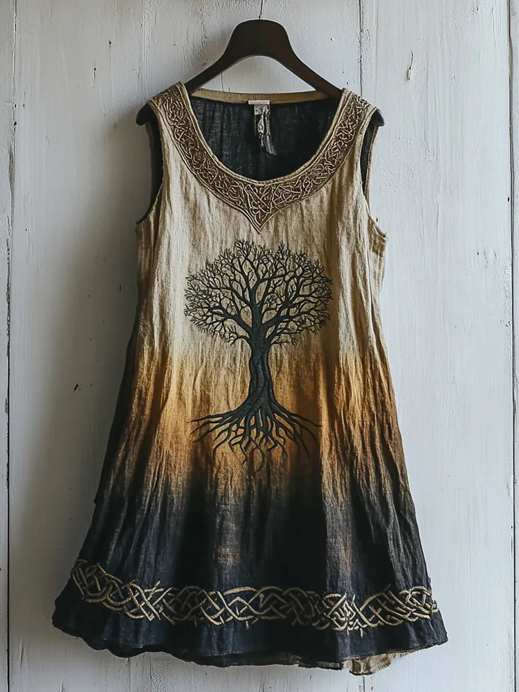 Women's Viking Tree Of Life Celtic Gradient Art Linen Sleeveless Top