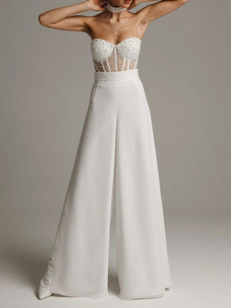 Bandeau Beaded Backless Empire Wide Leg Wedding Jumpsuits