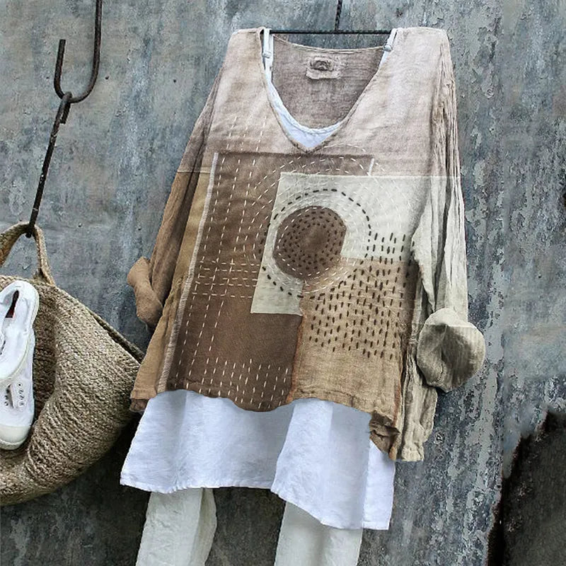 Japanese Sashiko Art Geometric Patchwork Linen Blend Tunic