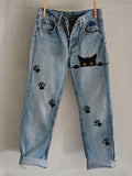 Peeking Black Cats Paw Prints Washed Jeans