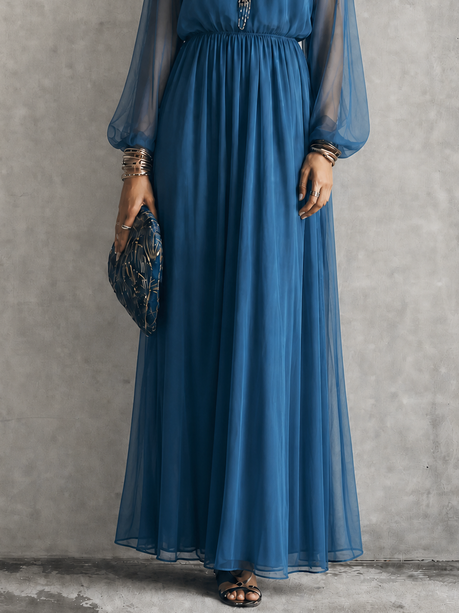 Women's Elegant Sapphire Blue Chiffon Sheer Sleeve Smocked Waist Maxi Dress MDZ2217G3GMJ