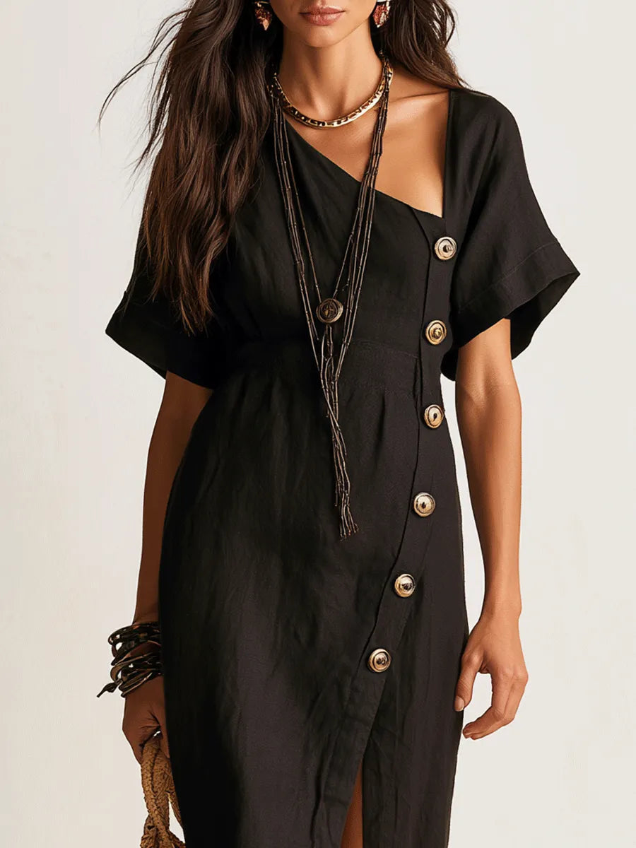 Chic Linen Asymmetric Button-Front Black Maxi Dress