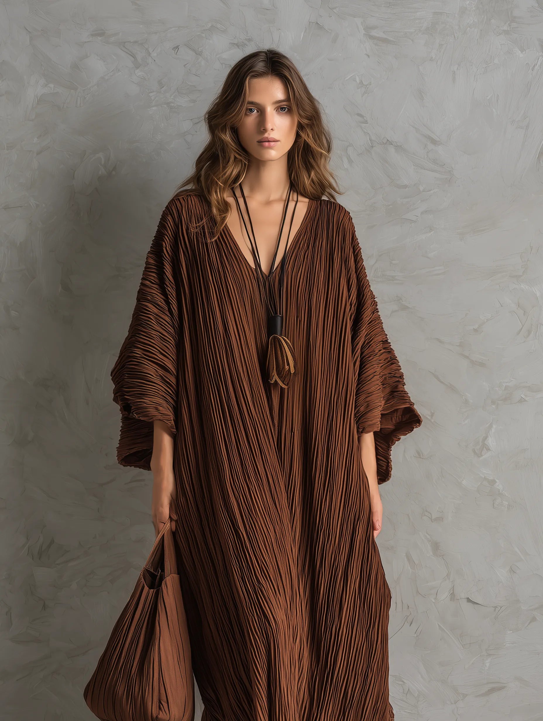 Women's Casual Brown Woven Pleated V-Neck Batwing-Sleeve Loose Maxi Dress MDZ0700G8LXY