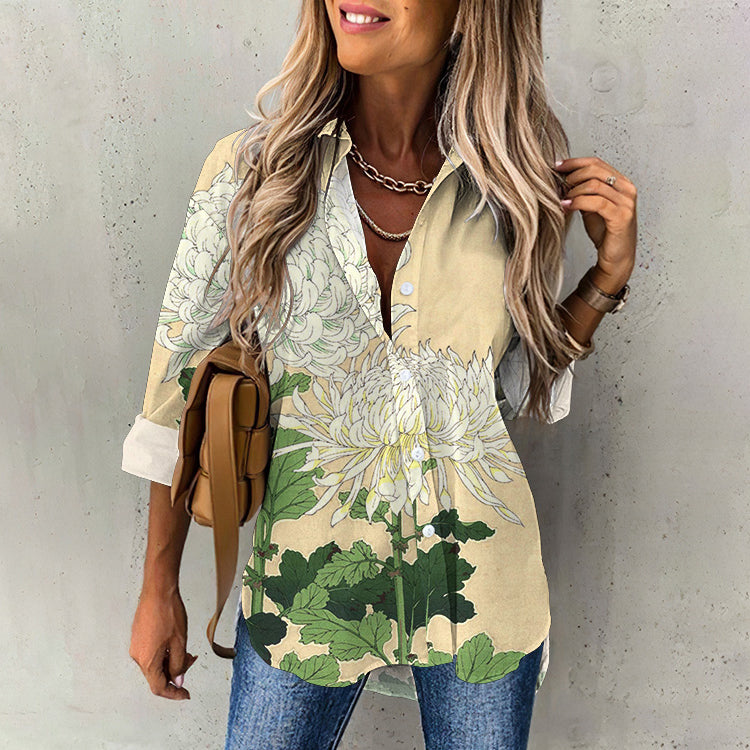 White Chrysanthemum Pattern Women's Shirt