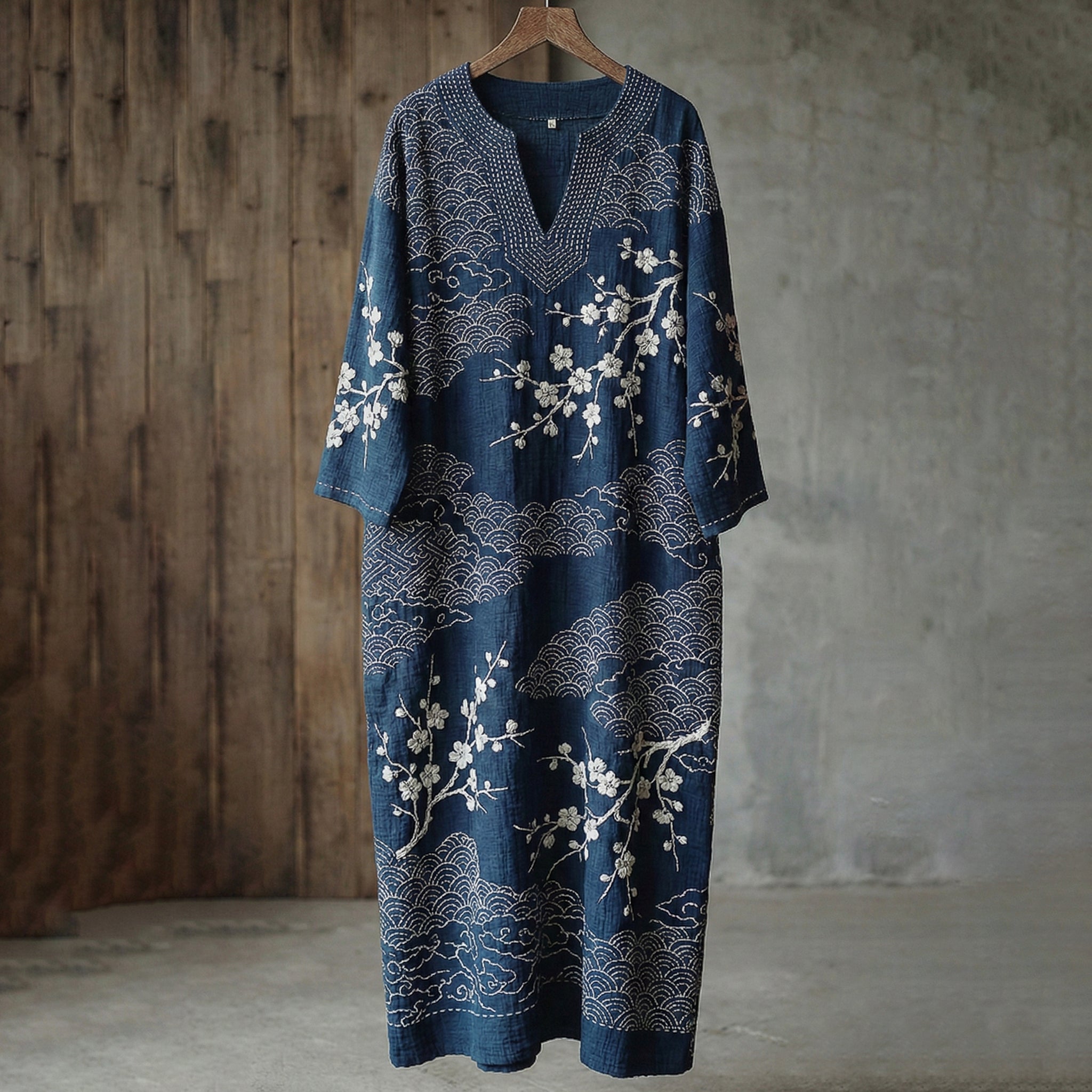 Vintage Japanese Traditional Sashiko Art Pattern Linen Blend Maxi Dress