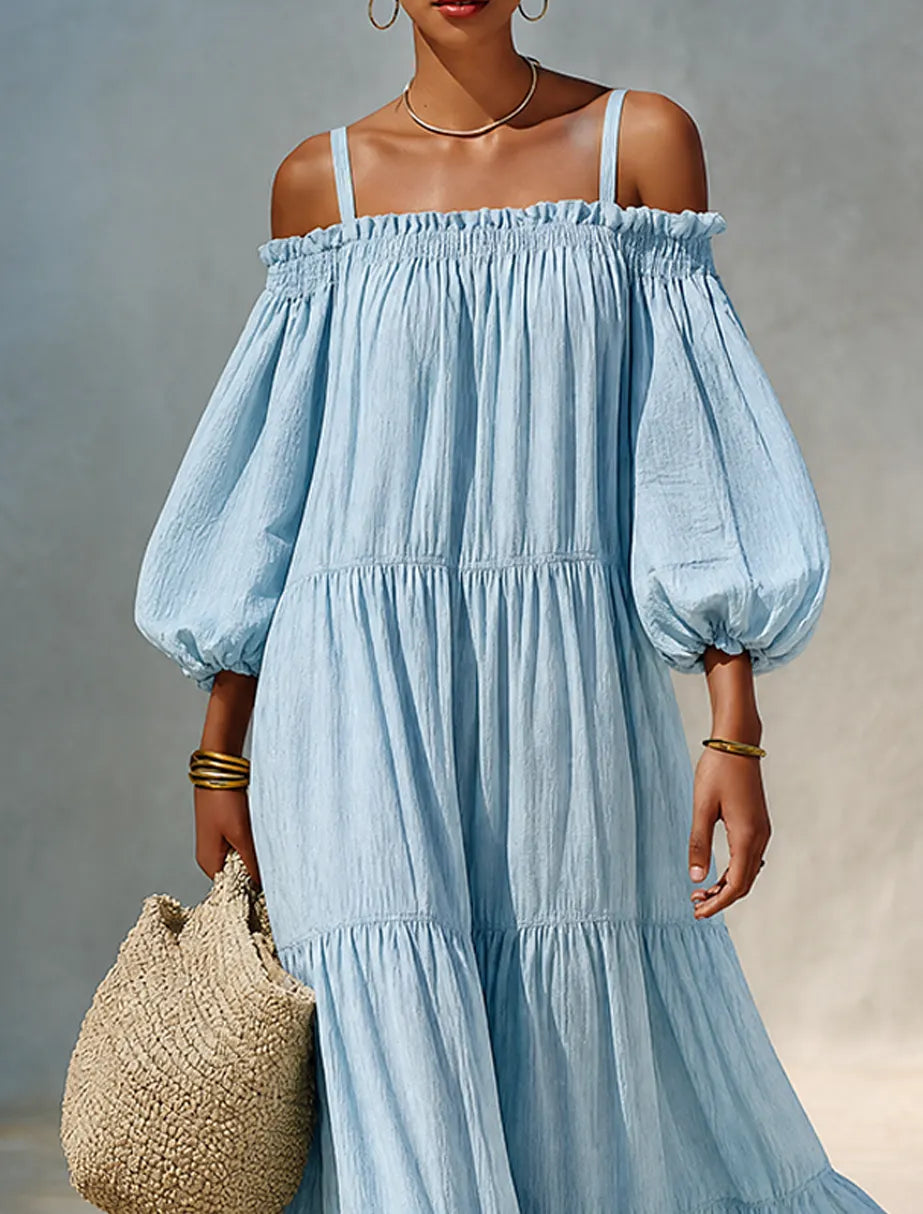 Women's Minimalist Solid Light Blue Linen Off-Shoulder Maxi Dress With Tiered Ruffles MDZ0792G6ZRK