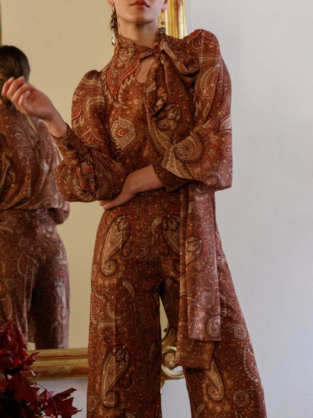 Retro Paisley Print Tie-Neck Long-Sleeve Shirt