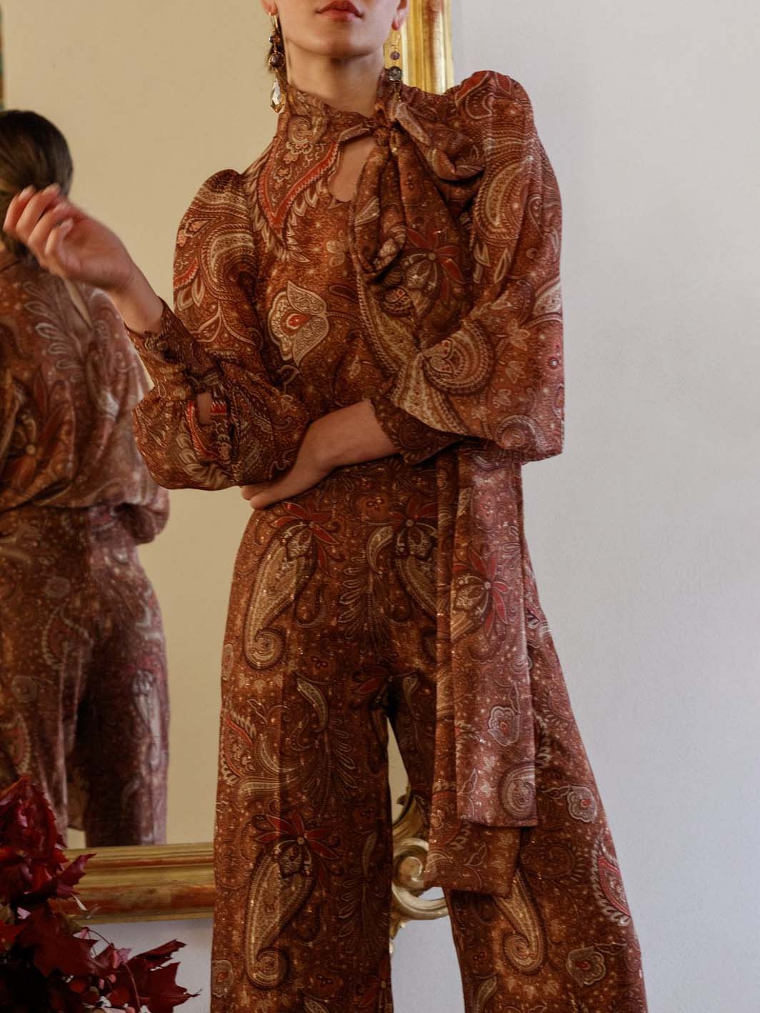 Retro Paisley Print Tie-Neck Long-Sleeve Shirt