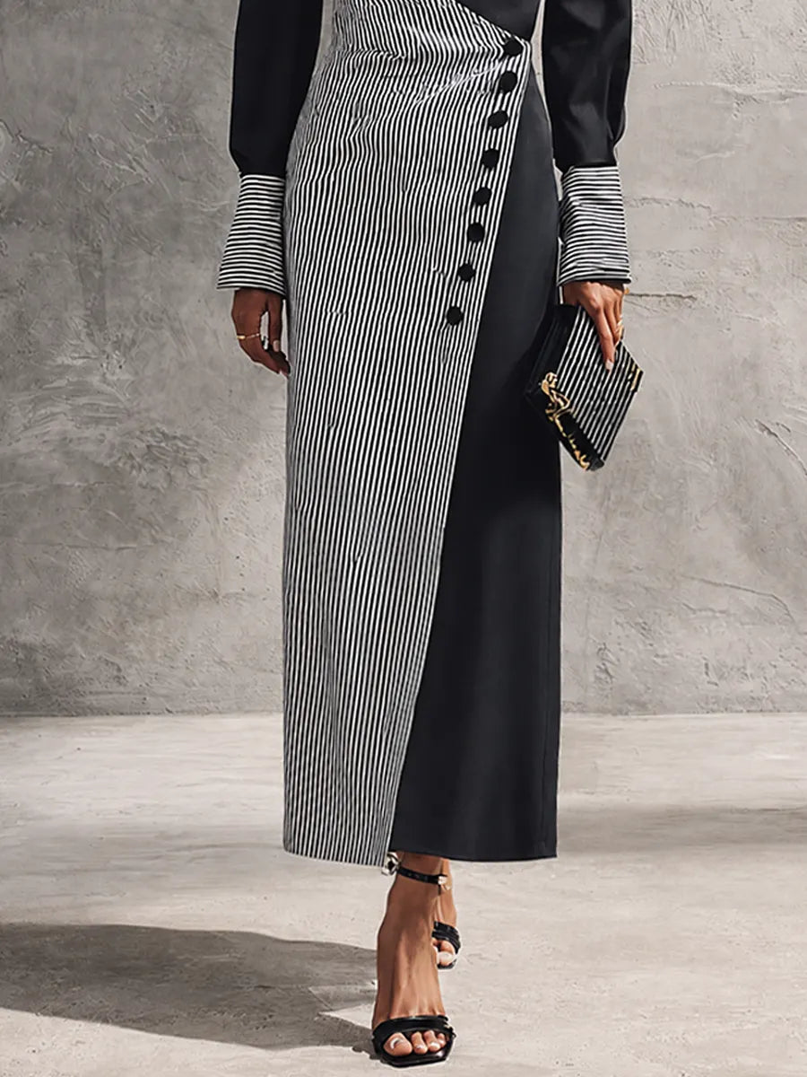 Women's Elegant Black Cotton Blend Color-Block Pinstripe Wrap Button Maxi Dress MDZ1729G8GMJ