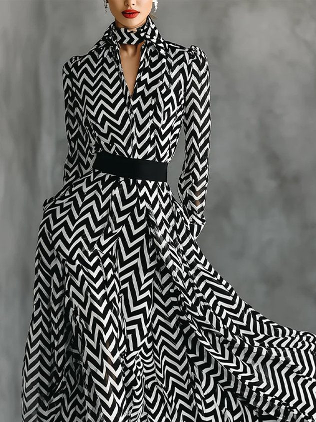Urban Geometric Printing Stand Collar Maxi Dress