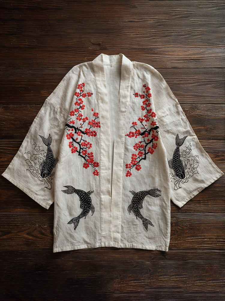 Men's Vintage Koi And Plum Blossoms Japanese Art Linen Blend Kimono Cardigan