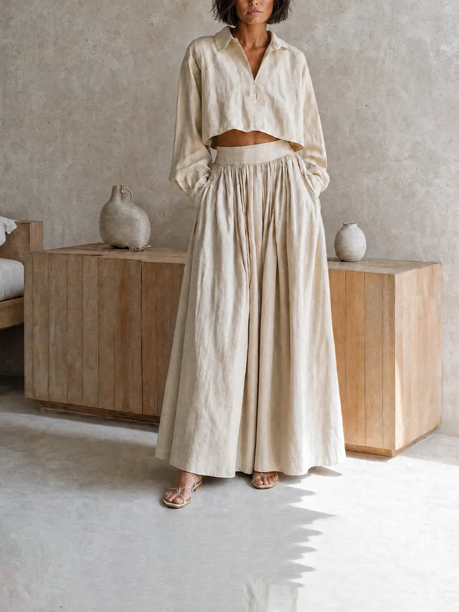 Women's Vacation-Style Beige Cotton-Linen Collared Dropped-Shoulder Long-Sleeve Cropped Top + High-Waist Pleated Wide-Leg Pants MDZ0766G0CMX