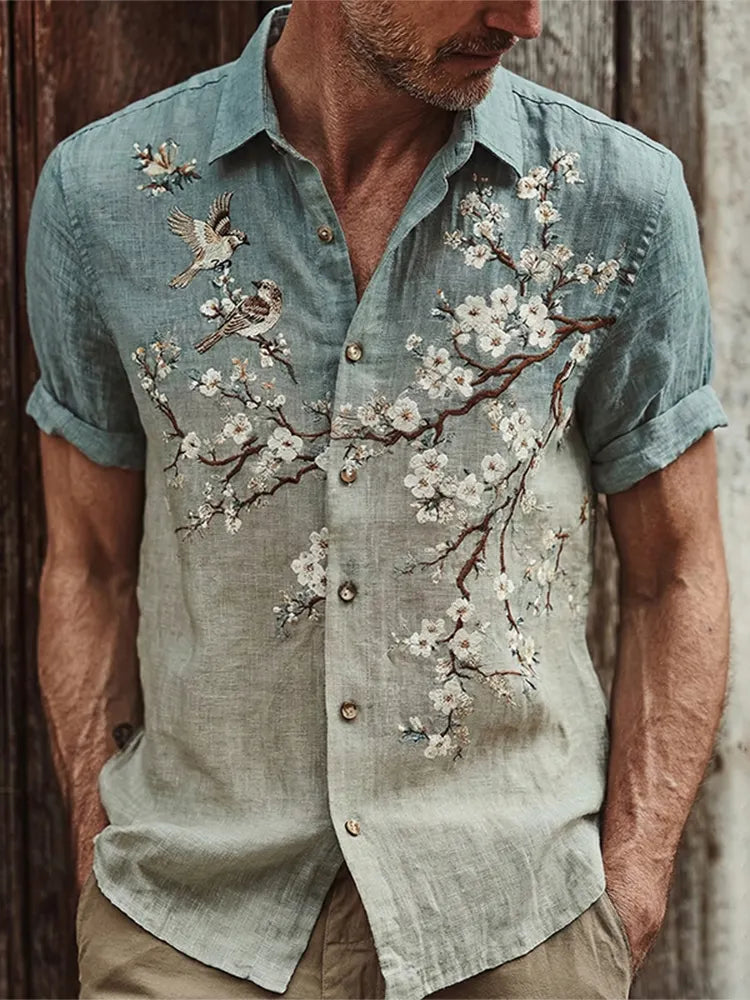 Men's Japanese Cherry Blossom And Bird Art Pattern Short Sleeve Shirt