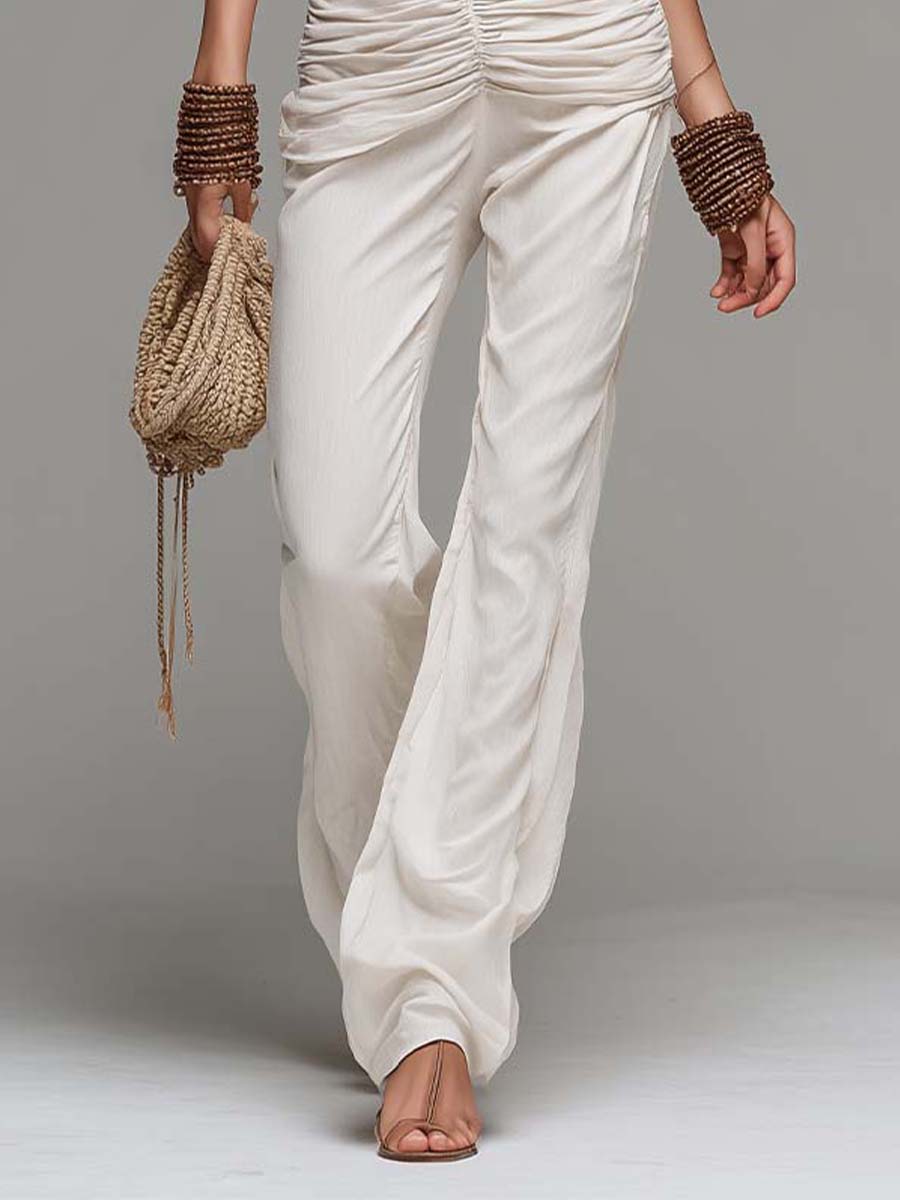 Bohemian Halter Ruched Cotton-Blend Flare Jumpsuit