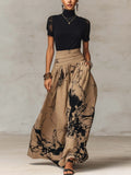 Black Mock Neck Top And Abstract Print Maxi Skirt Set With Sheer Lace Sleeves