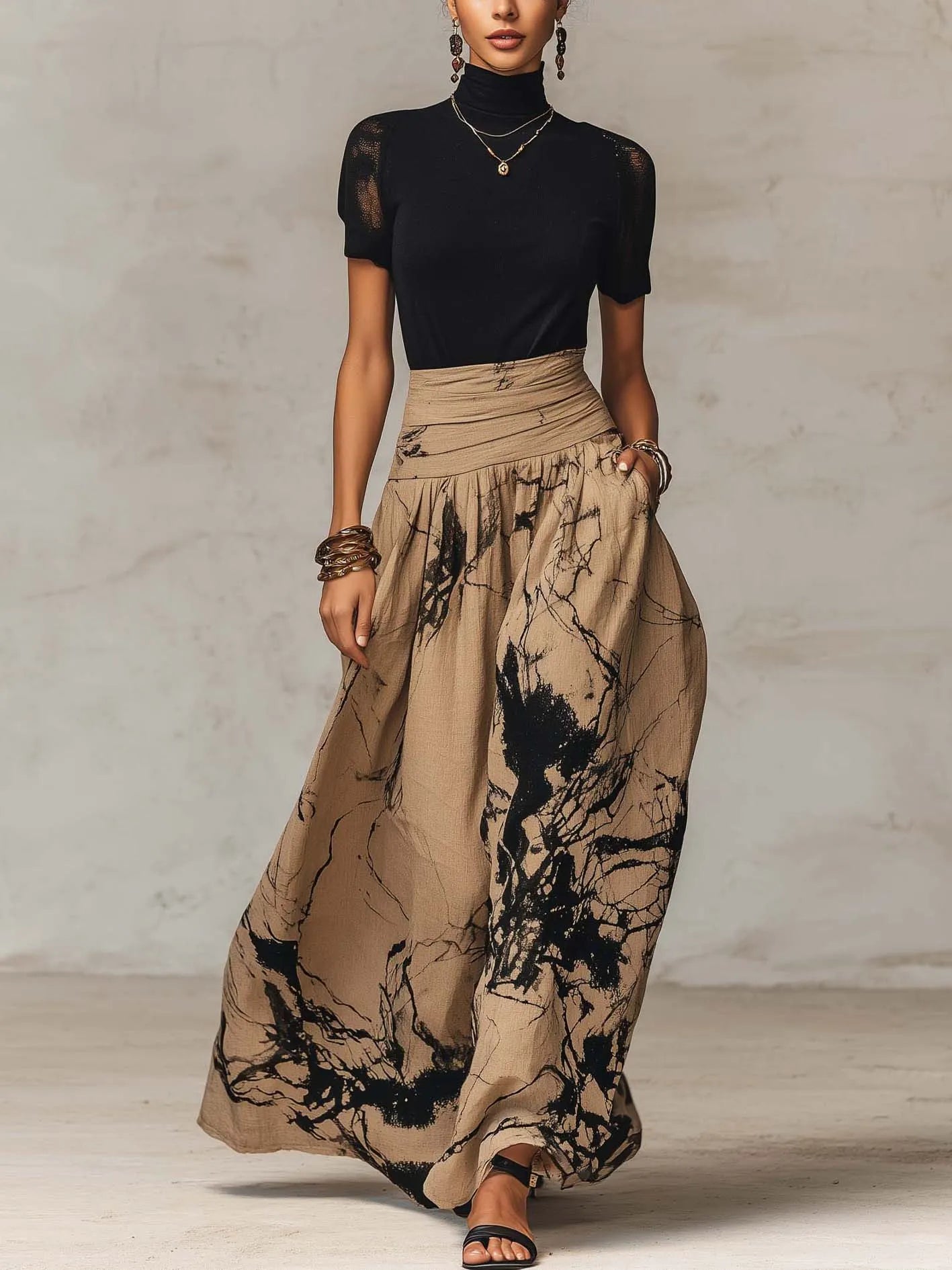 Black Mock Neck Top And Abstract Print Maxi Skirt Set With Sheer Lace Sleeves