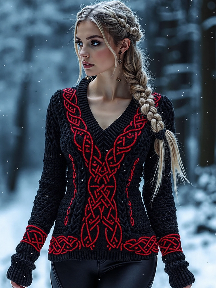 Women's Viking Celtic Knot Pattern V-neck Cozy Knit Sweater