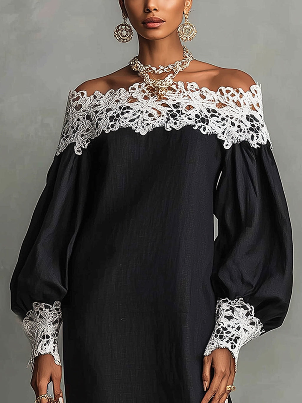 Off-Shoulder Black Lace Trim Midi Dress
