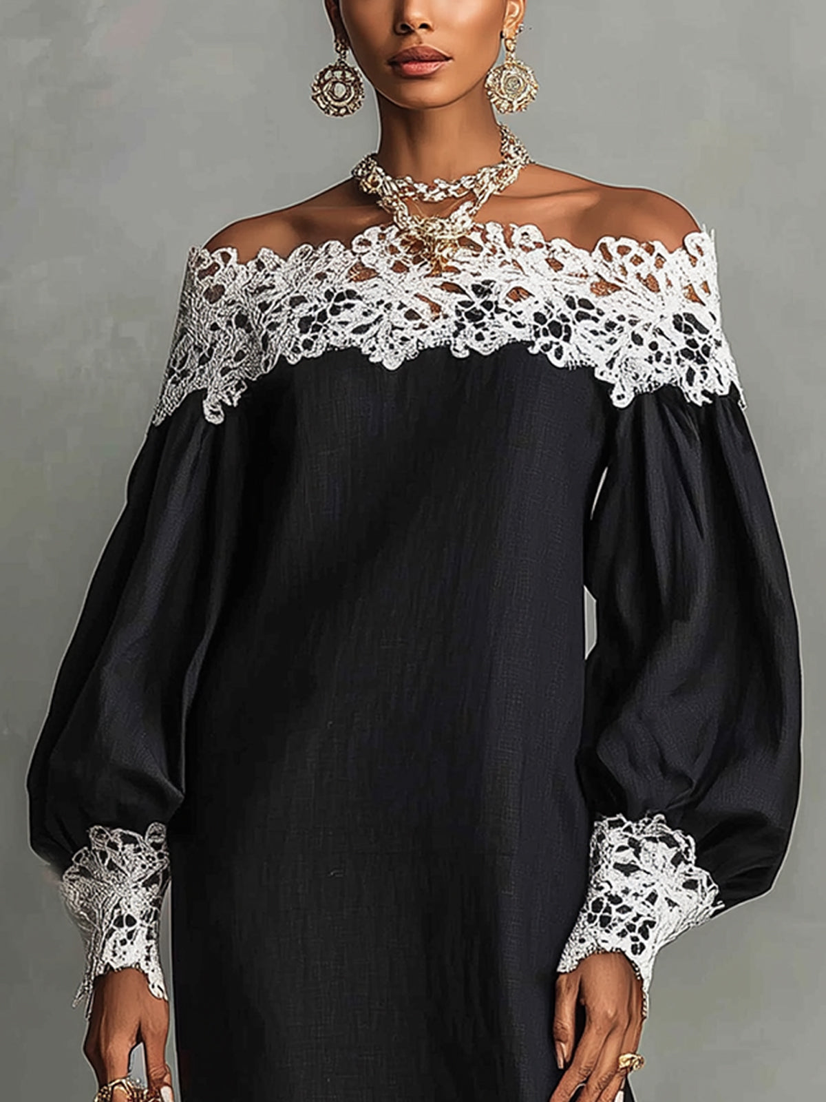 Off-Shoulder Black Lace Trim Midi Dress