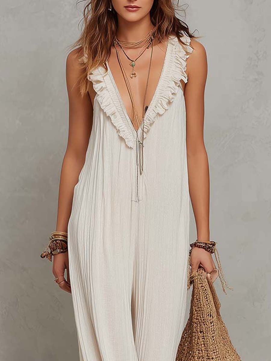 Lightweight Bohemian-style Pleated Chiffon Sleeveless Jumpsuit