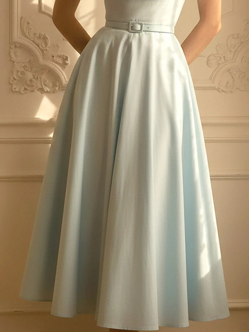 Midi Linen Dress, Short Sleeves, Round Neck, Plain, Belt Design, Vintage, Blue