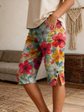 Women's Watercolor Floral All-Over Print Denim Bermuda Shorts