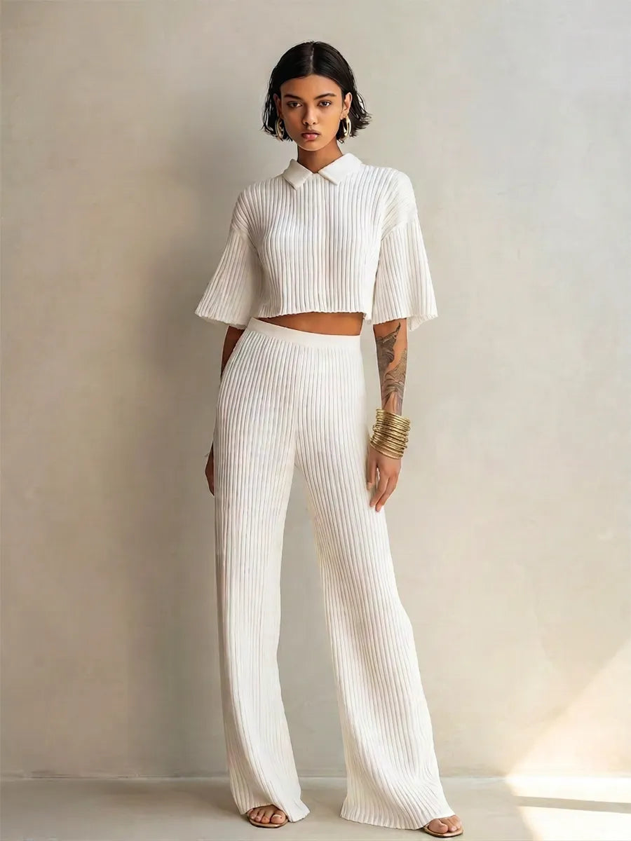 Women's Elegant White Pleated Ribbed Knit Collared Short Flared Sleeve Cropped Top And High-Waist Wide-Leg Pants Two-Piece SetMDZ0999G0ZSQ