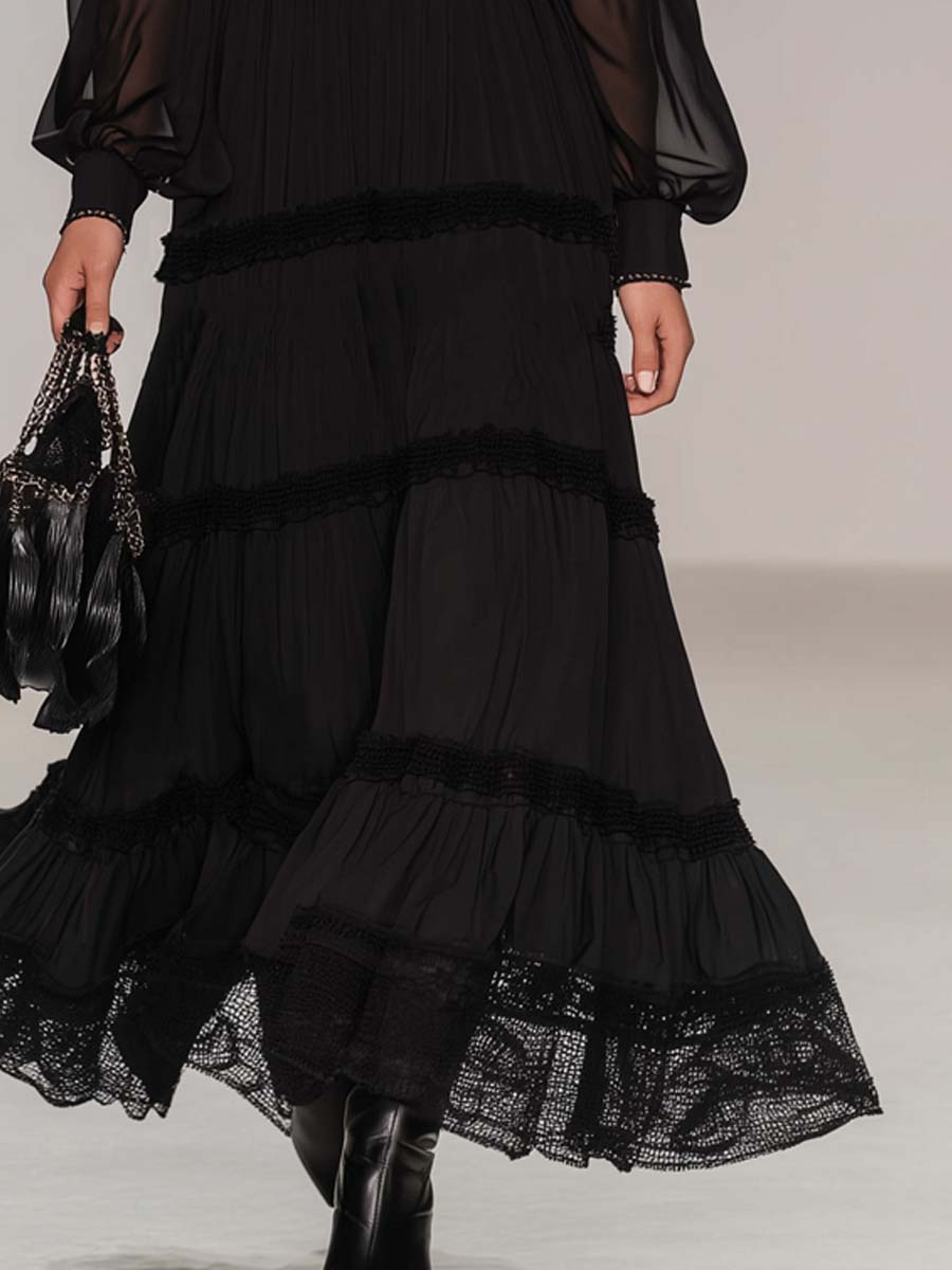 Black Henley Collar Sheer Sleeves Lace Trim Maxi Dress