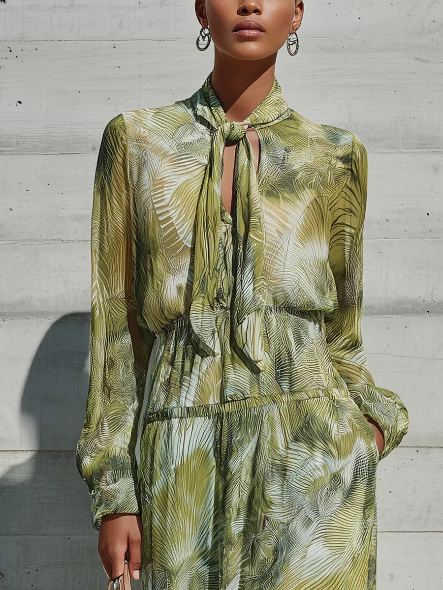 Women's Green Palm Leaf Print Chiffon Tie Neck Long Sleeve Drawstring Waist Side Pocket Maxi Dress MDZ1533G2YZJ