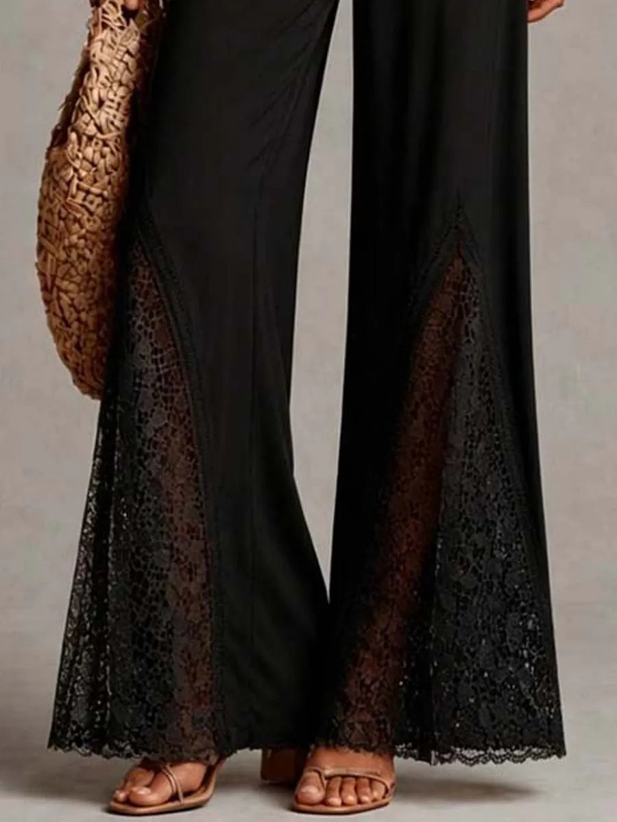 Vintage Boho Knit Lace Halter Deep V Flared Wide Leg Jumpsuit