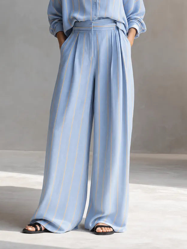 Women's Relaxed Light Blue Linen Blend Striped Collared Button-Front Long Sleeve Oversized Shirt And High-Waist Wide-Leg Pants Two-Piece Set MDZ1369G6ZSQ