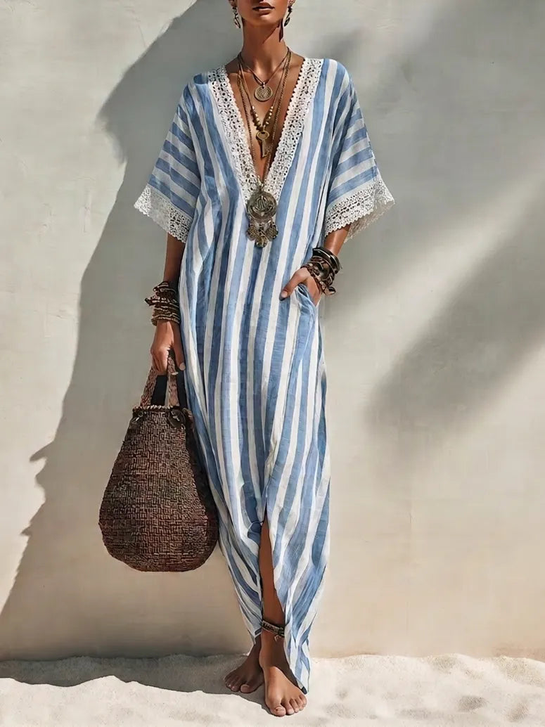 Women's Bohemian Blue And White Striped Cotton Blend V-Neck Crochet Trim Short Sleeve Side Slit Kaftan Maxi DressMDZ0921G6ZSQ