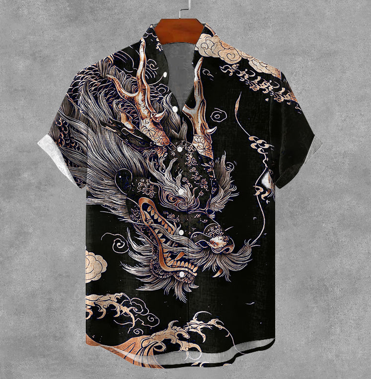 Men's Vintage Dragon Japanese Art  Print Casual Shirt